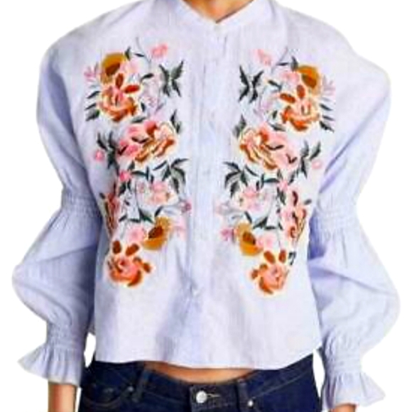 Zara Tops - Zara Floral Embroidered Blouse with Blue and White Striped Size XL